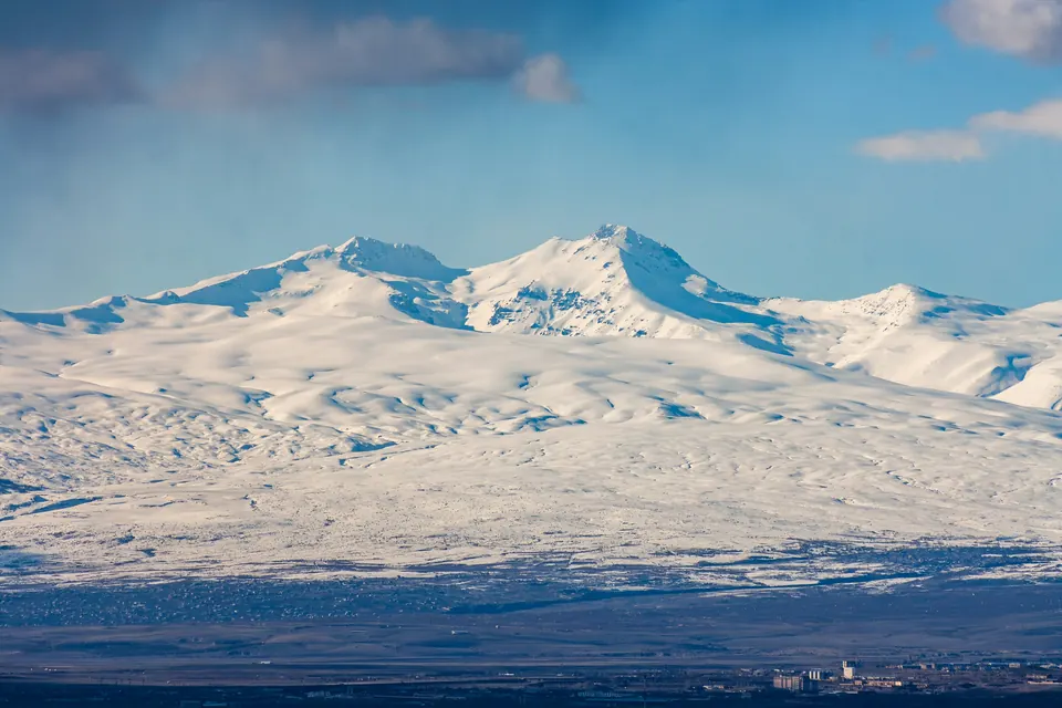 The snow-covered Aragats massif in winter